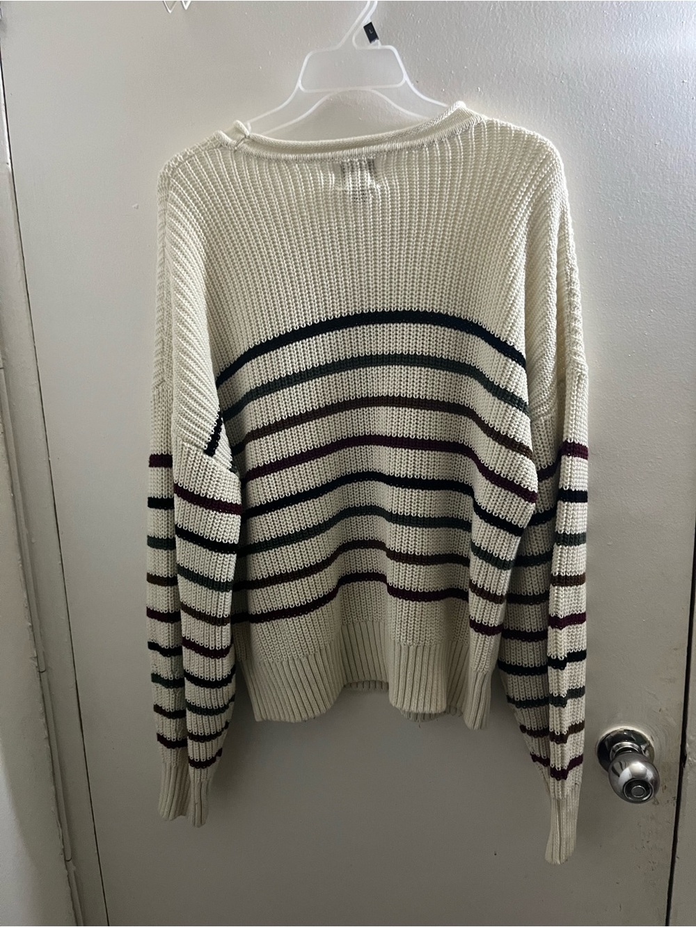 GAP Cream Crewneck Sweater with Navy and Burgundy Stripes - Picture 2 of 6